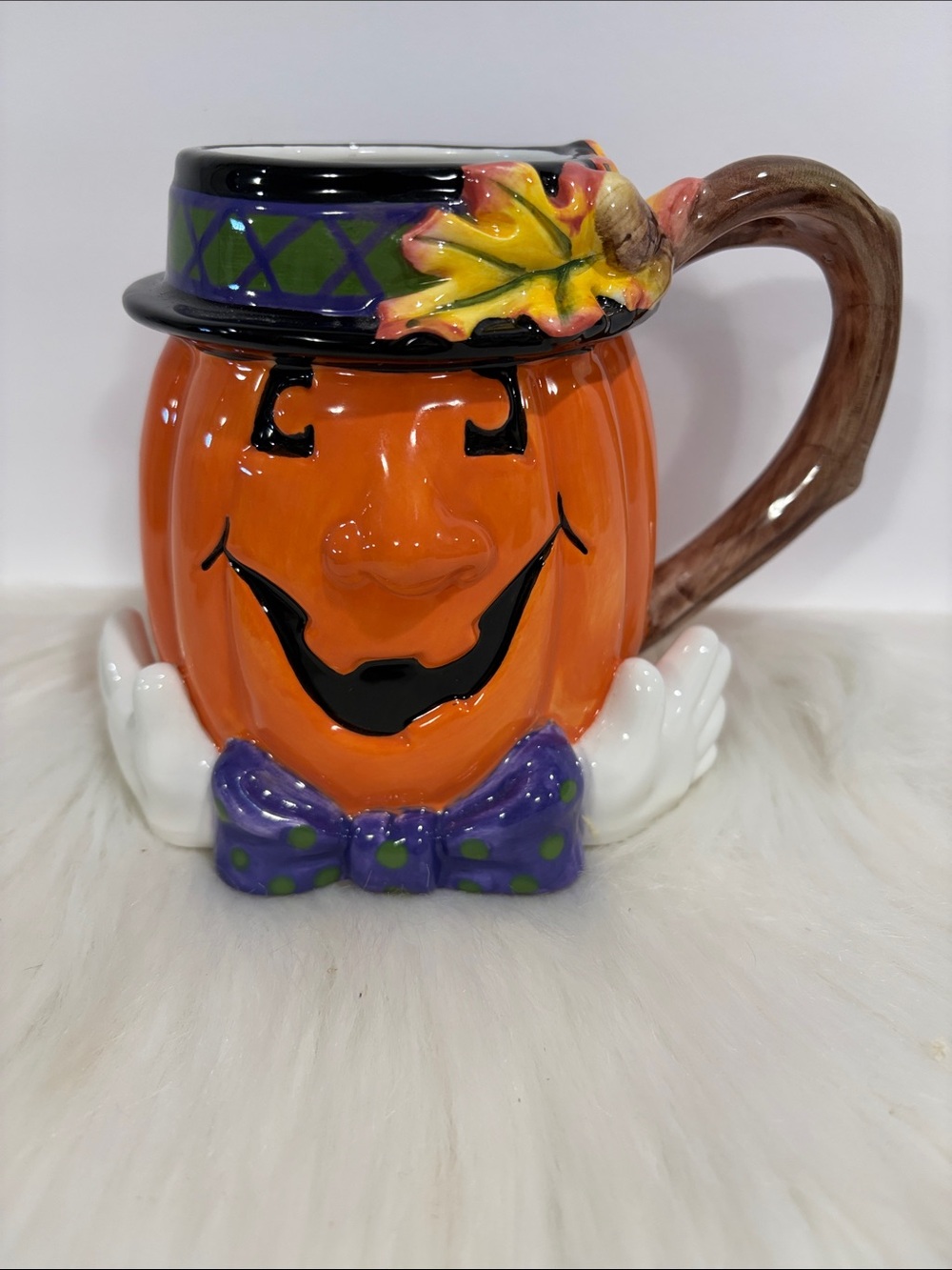 Fitz And Floyd Festive Orange Pumpkin Ceramic Mug with Purple Bow